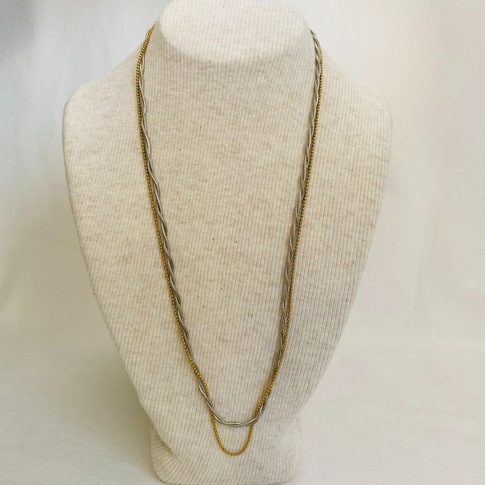 💎Napier Triple Stranded Necklace Gold Tone Bead Silver Tone Twisted Snake Chain